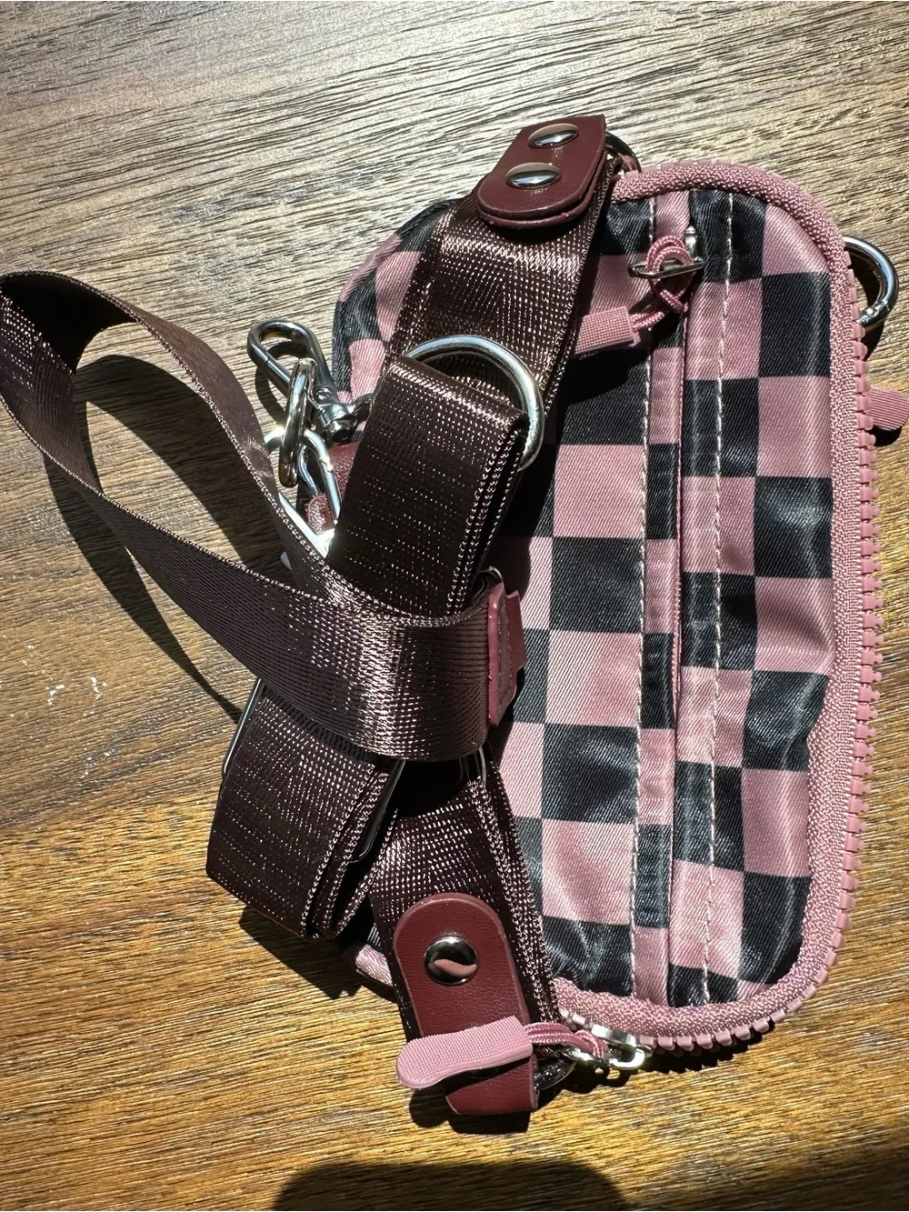 Pink and Black Checkered Phone Card Wallet Pouch Crossbody